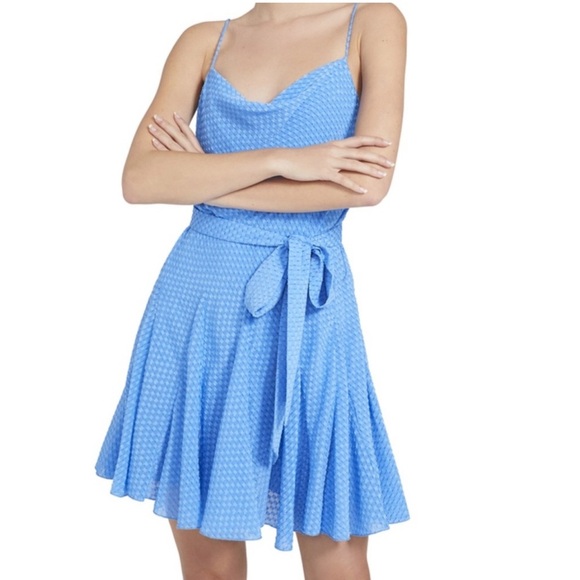 ALICE + OLIVIA Webber Cowl-Neck Godet Dress w/ Belt Size 6 Blue - Picture 1 of 9